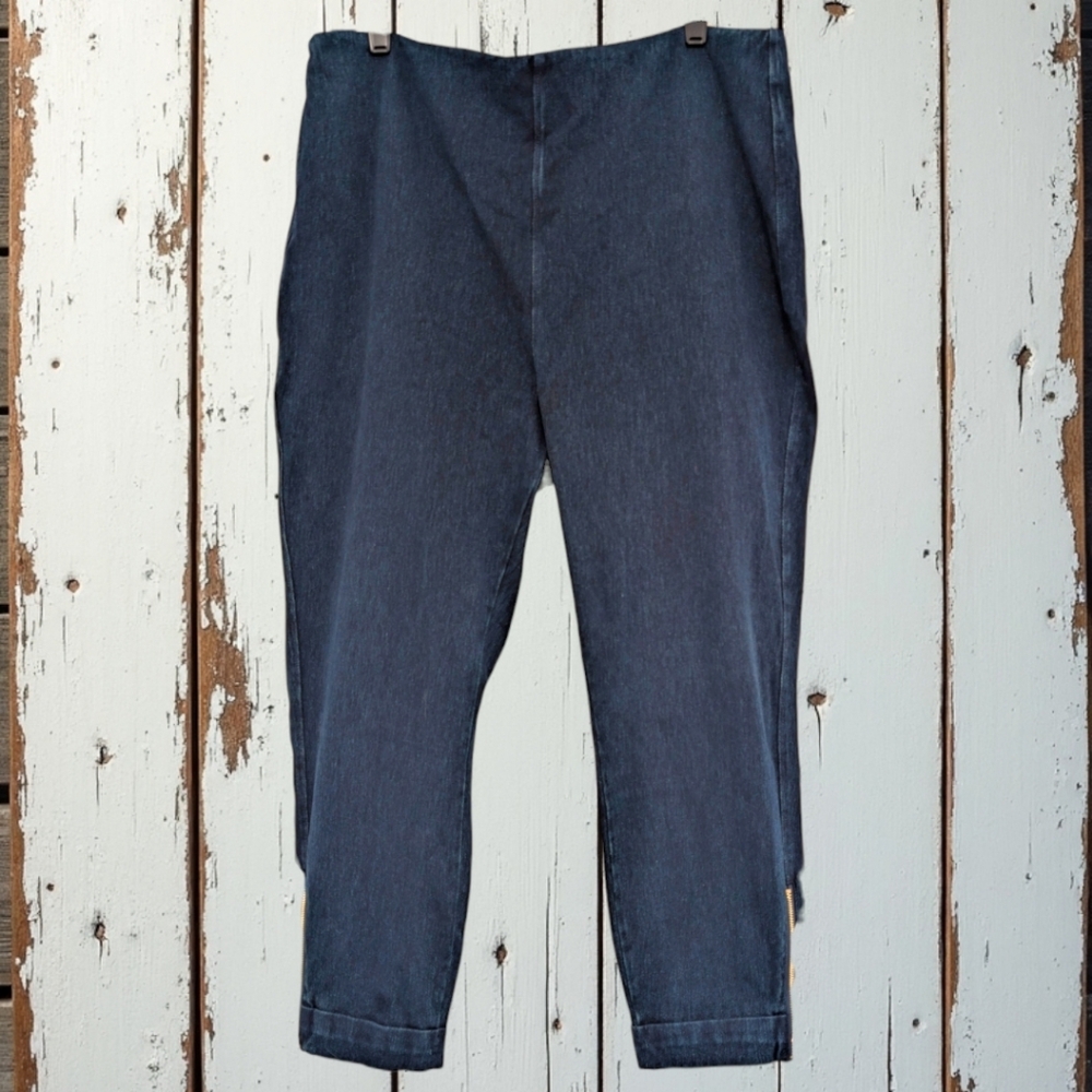 Lysse Knit Denim Cuffed Crop Capri Pants Ankle Zip Tinted Indigo Size XL
